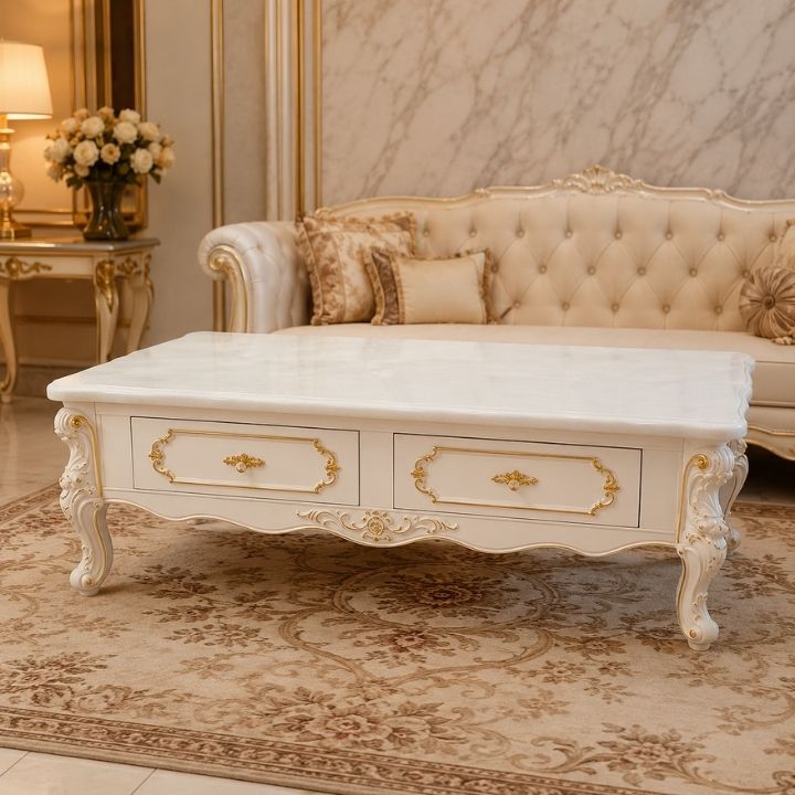 Bàn Trà Sofa Trắng Kem LNI-805-T Mặt Đá Cao Cấp Phối Vàng Tân Cổ Điển
