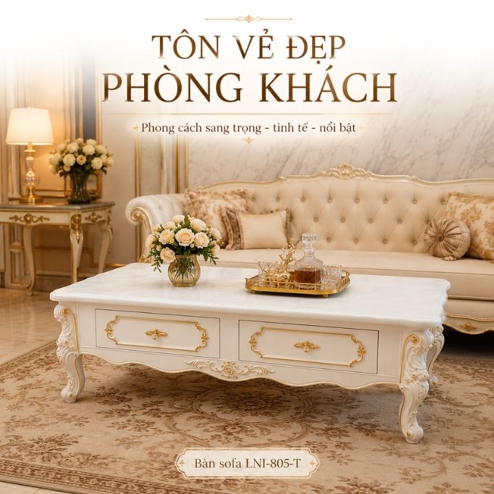 Bàn Trà Sofa Trắng Kem LNI-805-T Mặt Đá Cao Cấp Phối Vàng Tân Cổ Điển - Ảnh 2