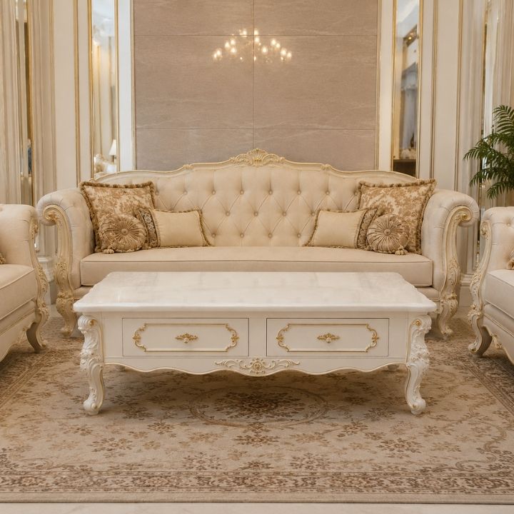Bàn Trà Sofa Trắng Kem LNI-805-T Mặt Đá Cao Cấp Phối Vàng Tân Cổ Điển - Ảnh 3