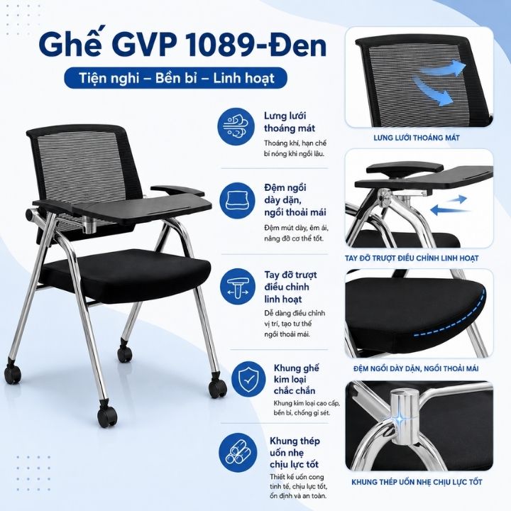 Ghế Liền Bàn GVP 1089-Đen Lưng Lưới Thoáng Mát, Gấp Gọn Tiện Lợi