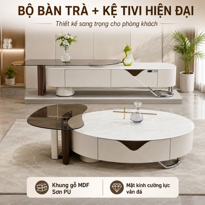 Combo Bàn Trà Tròn Kèm Kệ Tivi CB6152 Mặt Kính Vân Đá Phòng Khách Hiện Đại