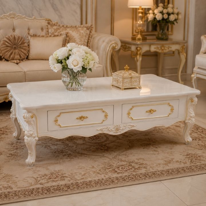 Bàn Trà Sofa Trắng Kem LNI-805-T Mặt Đá Cao Cấp Phối Vàng Tân Cổ Điển - Ảnh 4