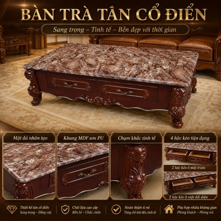 Bàn Trà Sofa Tân Cổ Điển BSF C9-Nâu-13 Mặt Đá Vân Nâu Sang Trọng - Ảnh 2