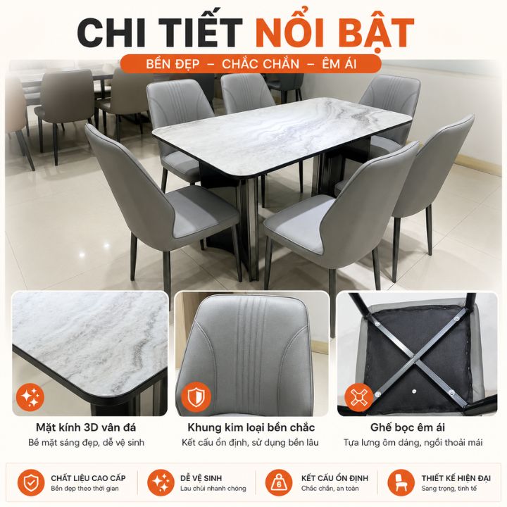 Bộ Bàn Ăn Hiện Đại BBAA9026 Mặt Kính 3D Vân Đá, 1 Bàn Kèm 6 Ghế Bọc Da PU - Ảnh 4