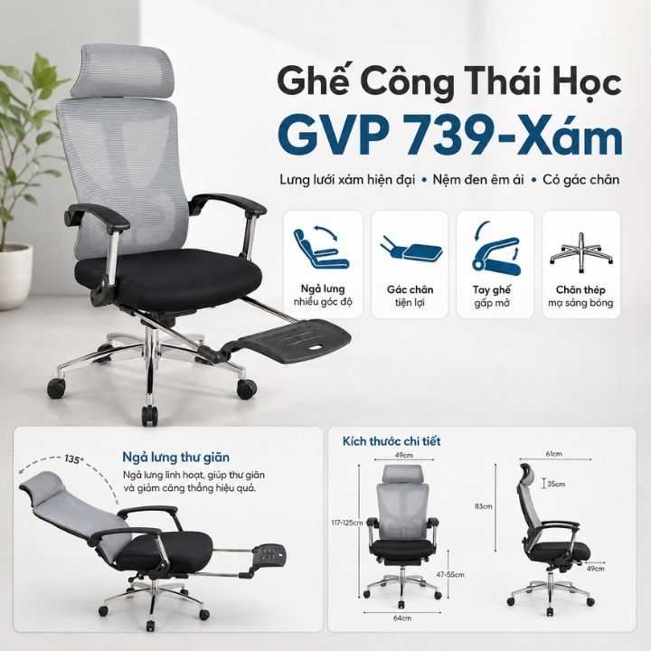Ghế Văn Phòng GVP 739-Xám Lưng Lưới Thoáng Mát, Ngả Lưng Kèm Gác Chân