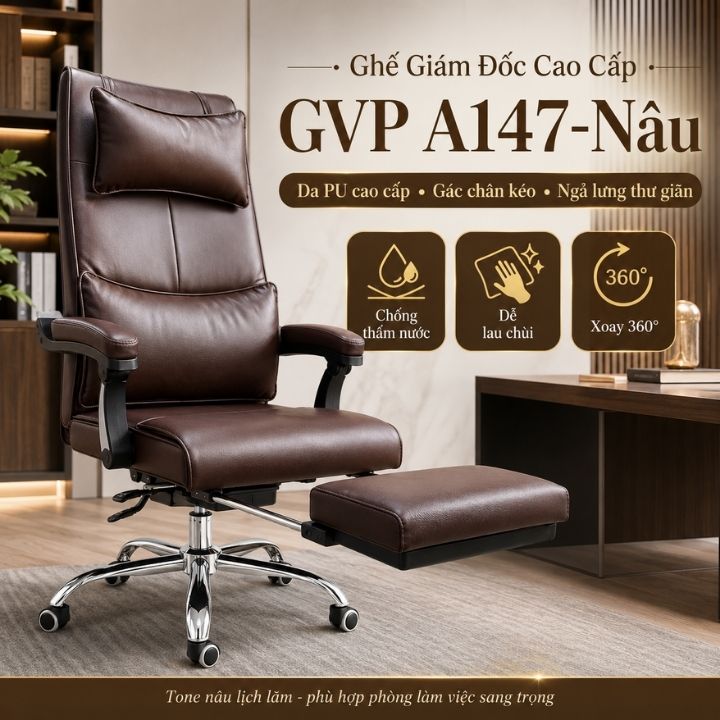 Ghế Giám Đốc GVP A147-Nâu Bọc Da PU, Ngả Sâu Kèm Gác Chân