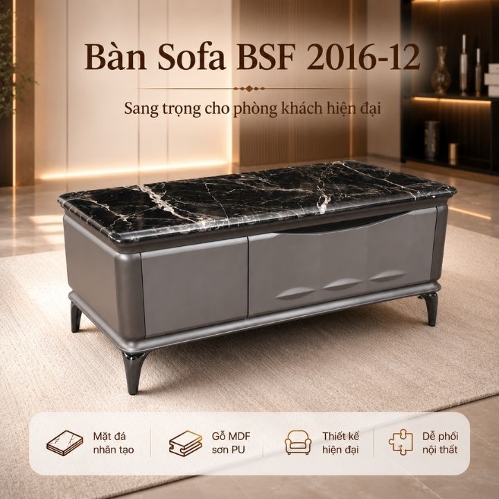 Bàn Sofa Cao Cấp T2016-12 Mặt Đá Nhân Tạo Màu Đen Sang Trọng