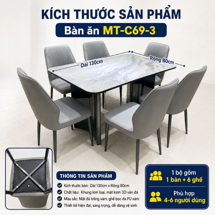 Bộ Bàn Ăn Hiện Đại BBAA9026 Mặt Kính 3D Vân Đá, 1 Bàn Kèm 6 Ghế Bọc Da PU - Ảnh 5