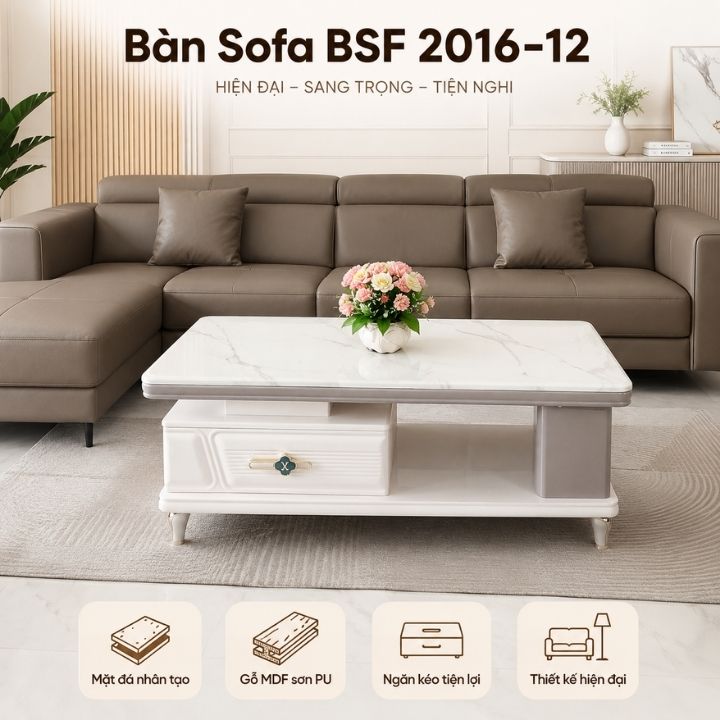 Bàn Sofa Phòng Khách BSF2016-12A Mặt Đá Nhân Tạo Có Ngăn Kéo Tiện Lợi