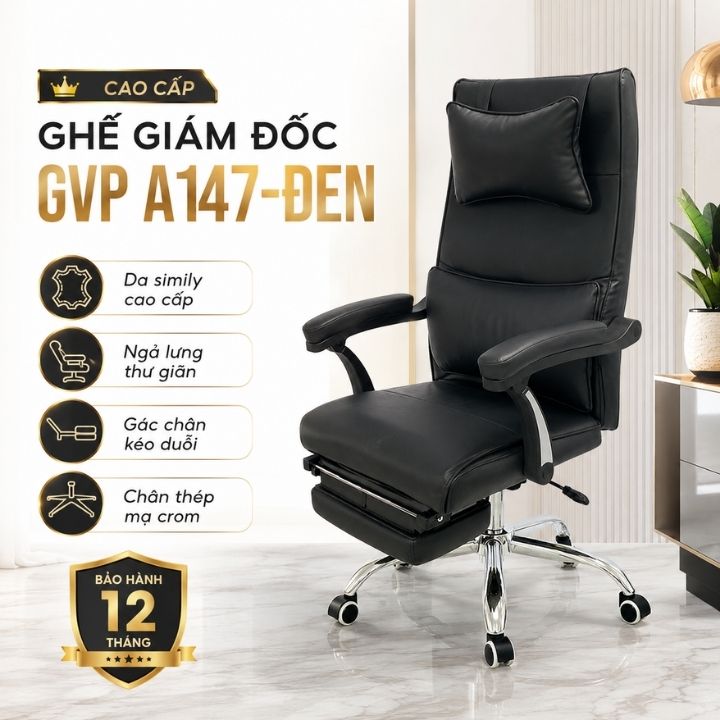 Ghế Văn Phòng GVP A147-Đen Bọc Simily, Ngả Sâu Kèm Gác Chân