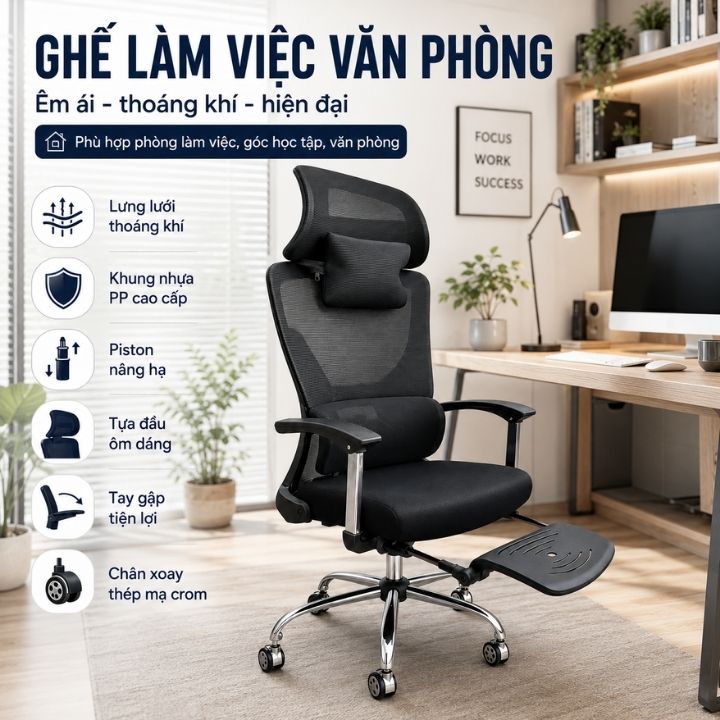 Ghế Văn Phòng GVP 369-Đen Lưng Lưới Thoáng Khí, Ngả Lưng Kèm Gác Chân