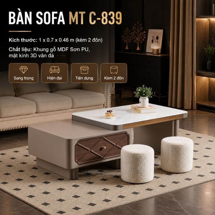 Bàn Trà Hiện Đại MT C-839 Mặt Kính 3D Vân Đá, Khung Gỗ MDF Sơn PU