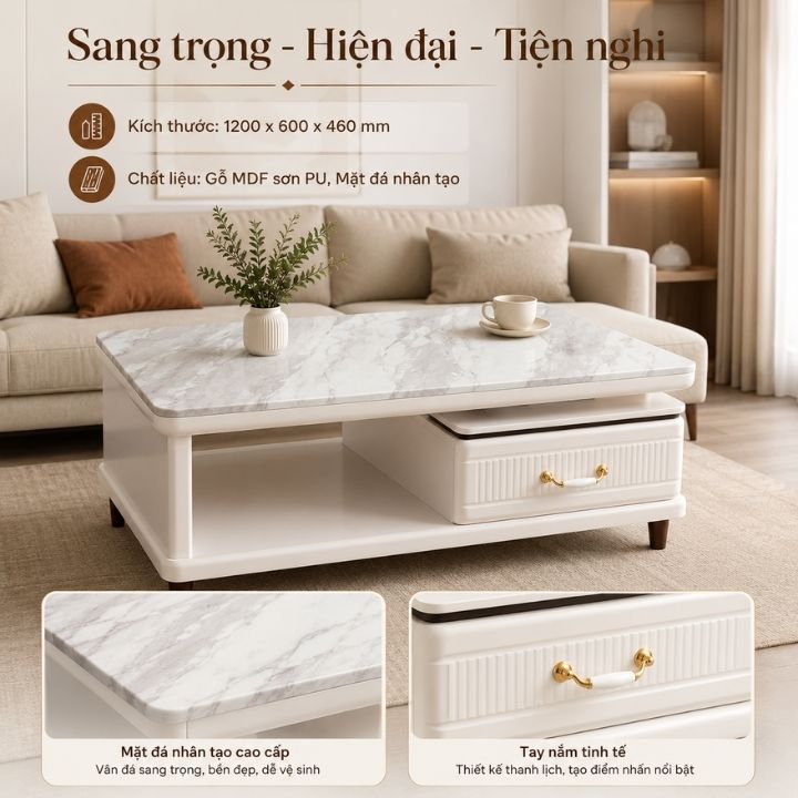 Bàn Trà Sang Trọng Mặt Đá Nhân Tạo T258-12 Cho Phòng Khách Cao Cấp - Ảnh 4