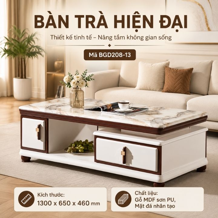 Bàn Trà Cao Cấp T268-13 Mặt Đá Nhân Tạo Có Ngăn Kéo Tiện Lợi