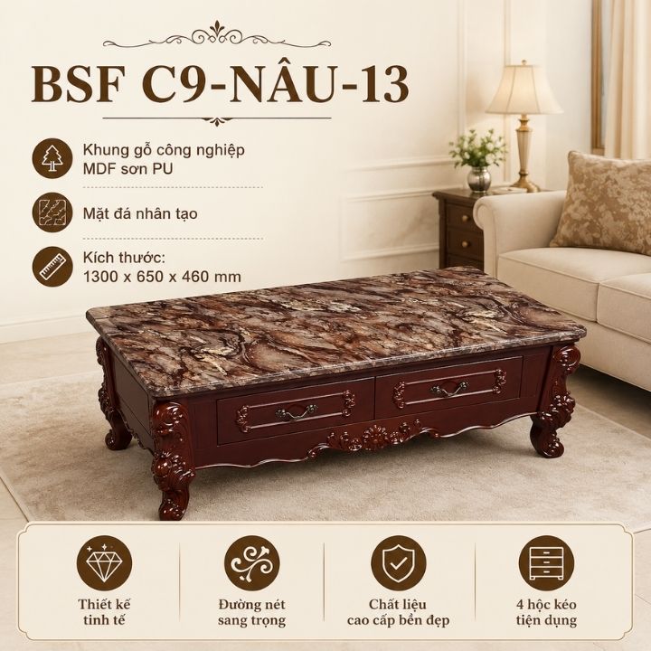 Bàn Trà Sofa Tân Cổ Điển BSF C9-Nâu-13 Mặt Đá Vân Nâu Sang Trọng - Ảnh 6
