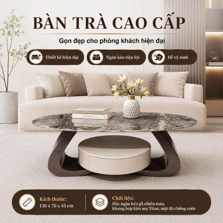 Bàn Trà Mặt Đá Chống Xước BTR-MD01  130cm Khung Hợp Kim Mạ Titan Sang Trọng