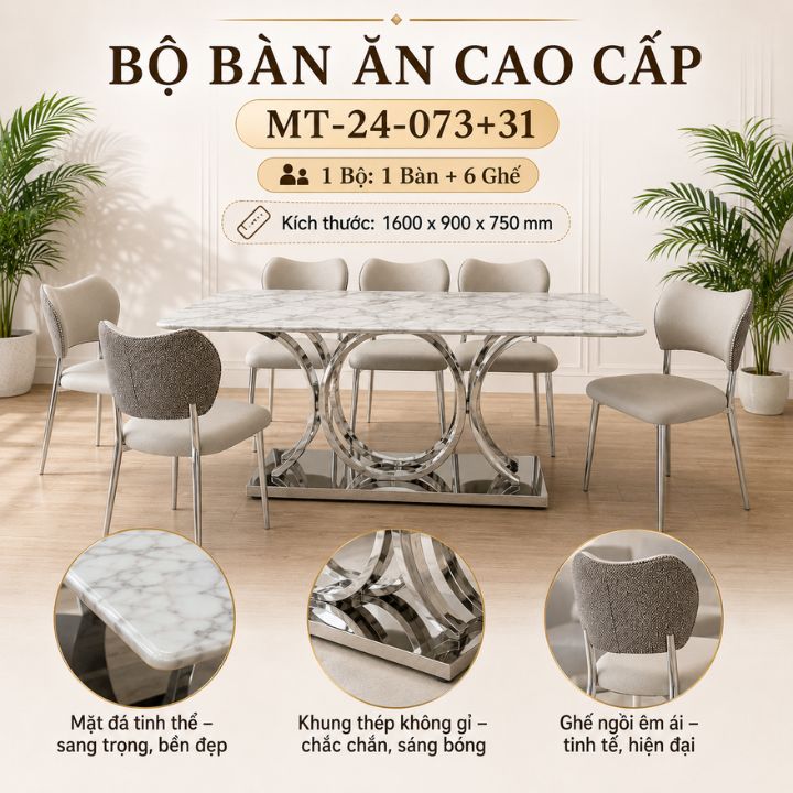Bộ Bàn Ăn Cao Cấp MT-24-073+31 Mặt Đá Tinh Thể, Khung Thép Không Gỉ, Trọn Bộ 1 Bàn 6 Ghế