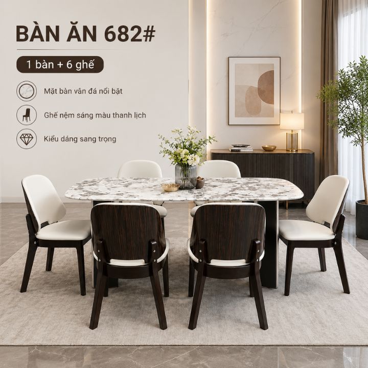 Bộ Bàn Ăn Cao Cấp 682# Mặt Đá Vân Mây Sang Trọng, Trọn Bộ 1 Bàn 6 Ghế