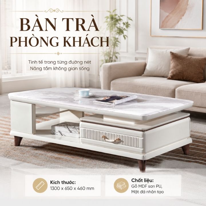 Bàn Trà Phòng Khách Mặt Đá BSF130-13 Nhân Tạo, Gỗ MDF Sơn PU, Thiết Kế Tinh Tế