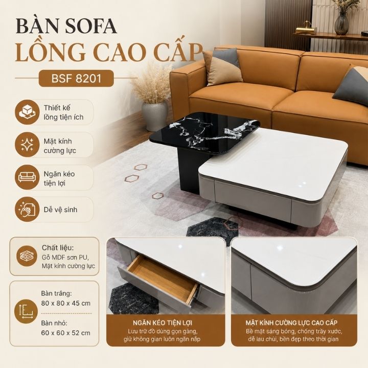 Bộ Bàn Sofa BSF8201 Mặt Kính Cường Lực Gồm Bàn Trắng Và Bàn Nhỏ