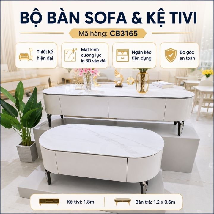 Bộ Bàn Sofa Và Kệ Tivi CB3165 Màu Trắng Nhập Khẩu Cao Cấp