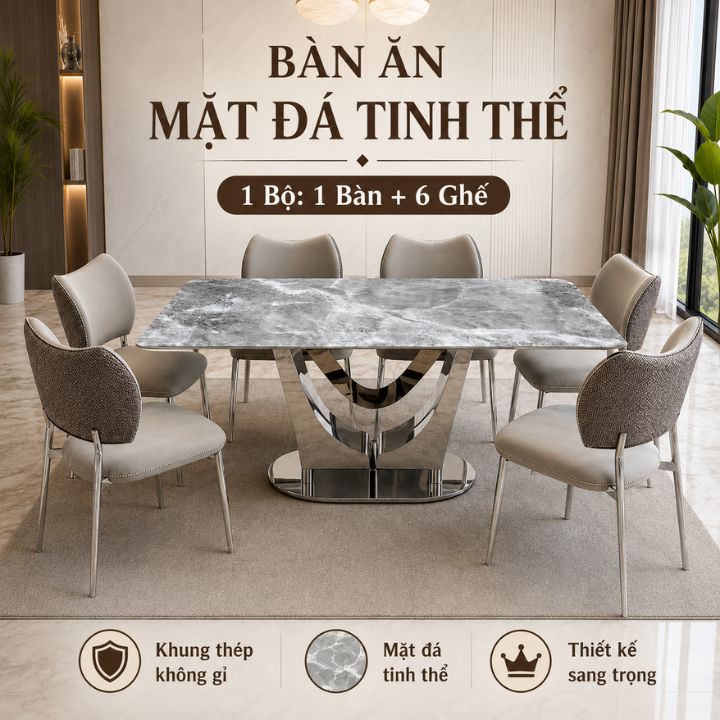 Bộ Bàn Ăn 6 Ghế Cao Cấp BA9030 Mặt Đá Tinh Thể Khung Thép Không Gỉ Sang Trọng