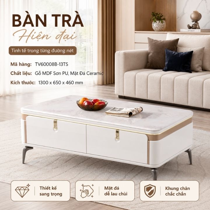 Bàn Trà Phòng Khách Cao Cấp TV60008B-13TS Mặt Đá Ceramic Chống Xước