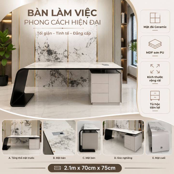 Bàn Làm Việc Giám Đốc BGD1603 Mặt Đá Ceramic 2M1 Thiết Kế Hiện Đại Kèm Hộc Tủ