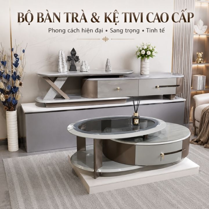 Cặp Bàn Trà Kính Oval/Đá Vi Tinh Thể Hình Vuông CB M51-151 Kèm Kệ Tivi