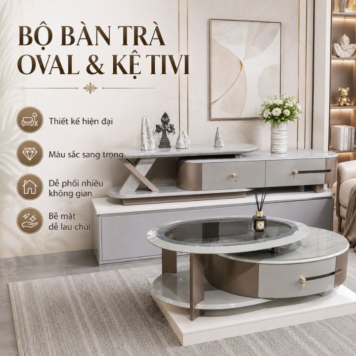 Cặp Bàn Trà Kính Oval/Đá Vi Tinh Thể Hình Vuông CB M51-151 Kèm Kệ Tivi - Ảnh 7