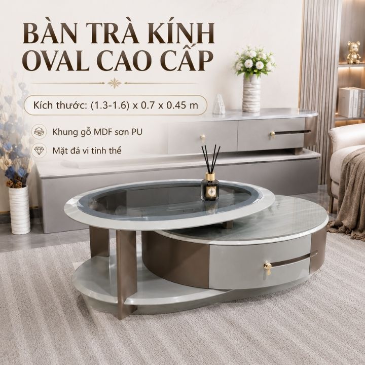 Cặp Bàn Trà Kính Oval/Đá Vi Tinh Thể Hình Vuông CB M51-151 Kèm Kệ Tivi - Ảnh 6