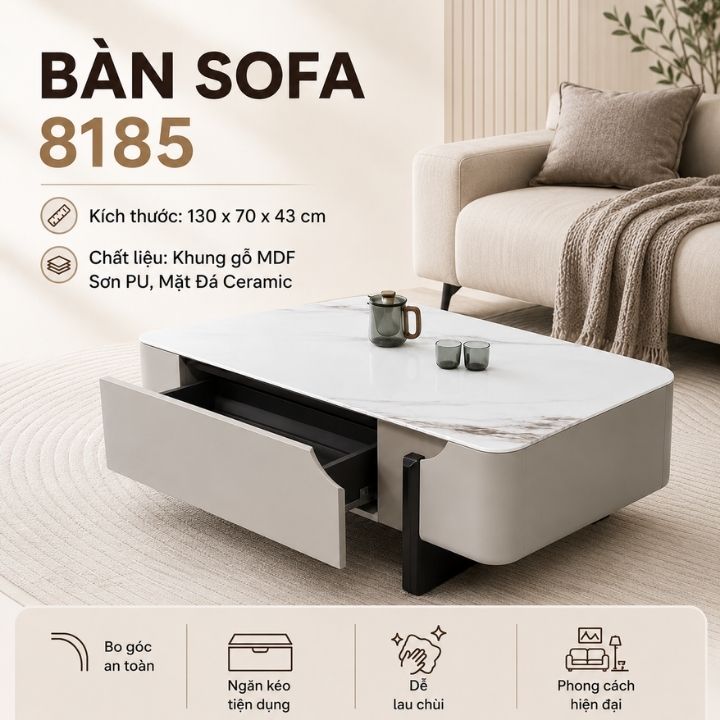 Bàn Trà Hiện Đại MT-8185 Mặt Kính 3D Vân Đá, Khung Gỗ MDF Sơn PU