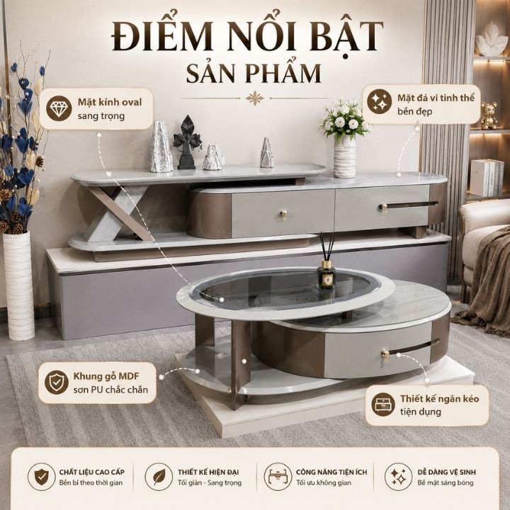Cặp Bàn Trà Kính Oval/Đá Vi Tinh Thể Hình Vuông CB M51-151 Kèm Kệ Tivi - Ảnh 2