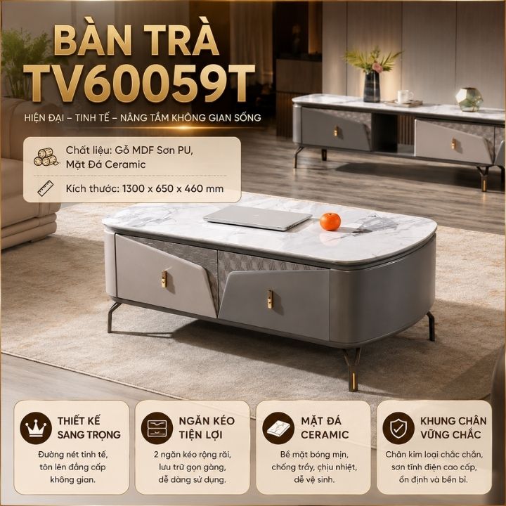 Bàn Trà Hiện Đại TV60059T Khung Gỗ MDF Sơn PU Mặt Đá Ceramic