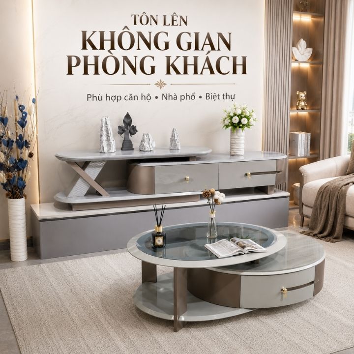 Cặp Bàn Trà Kính Oval/Đá Vi Tinh Thể Hình Vuông CB M51-151 Kèm Kệ Tivi - Ảnh 3