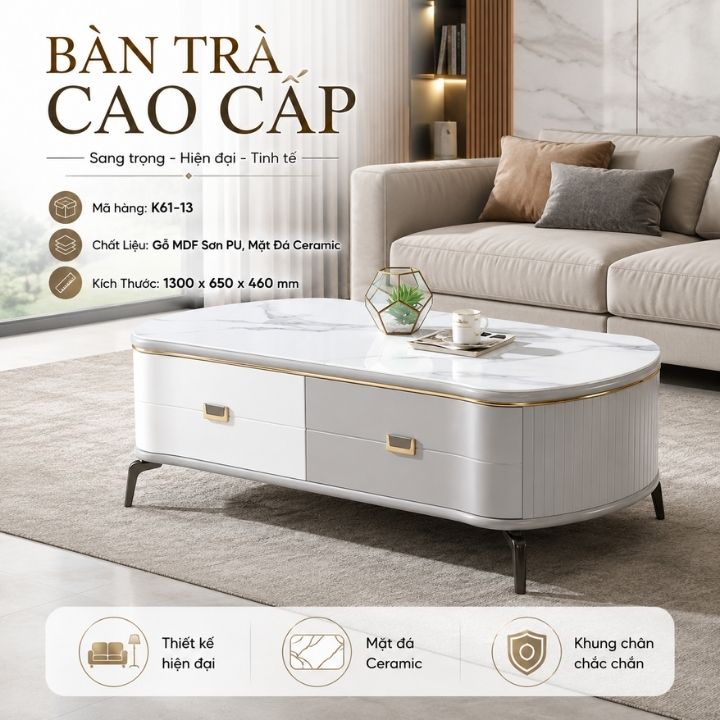 Bàn Trà Mặt Đá Sang Trọng K61-13 Kích Thước 1300x650x460mm