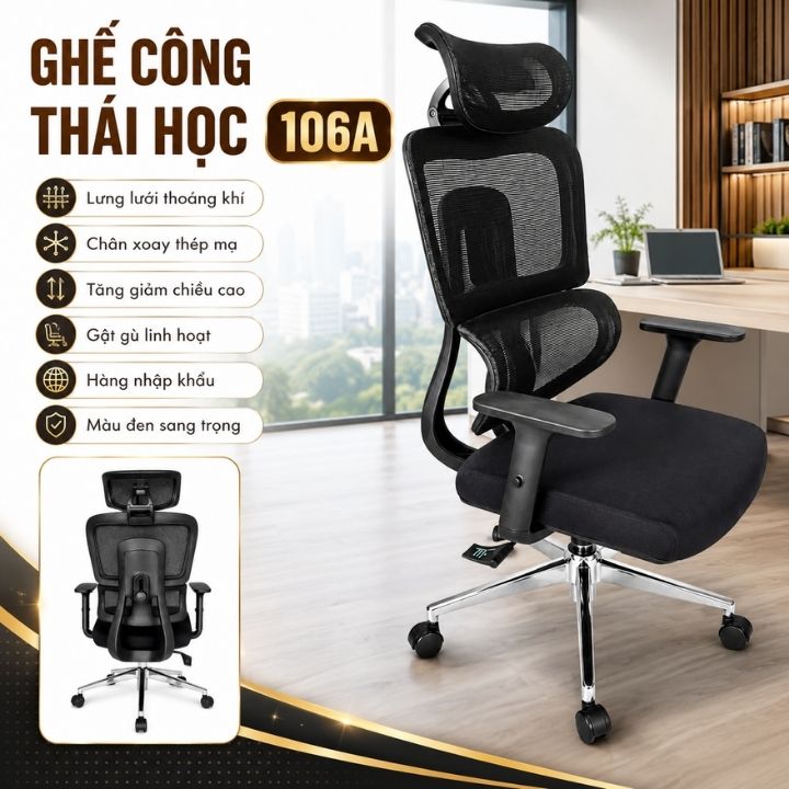Ghế Văn Phòng 106A Lưng Lưới Thoáng Khí Có Tựa Đầu
