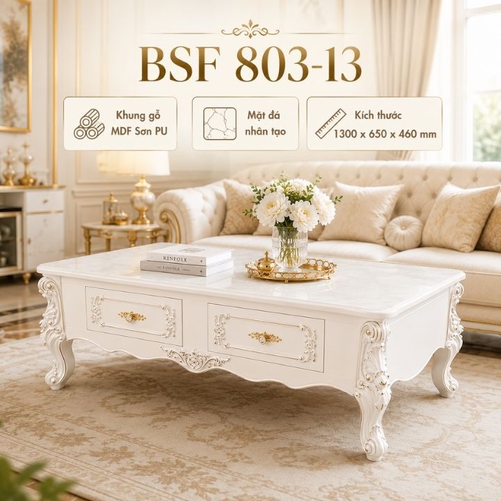 Bàn Trà Sofa Tân Cổ Điển BSF 803-13 Mặt Đá Nhân Tạo 4 Hộc Kéo Sang Trọng