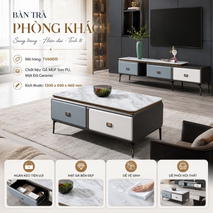 Bàn Sofa Phòng Khách TV60015 Mặt Đá Ceramic Bền Đẹp Theo Thời Gian