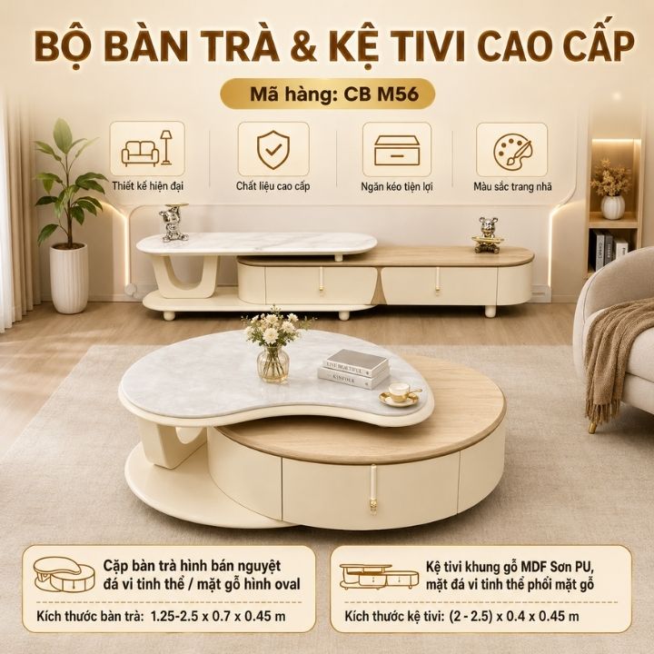 Cặp Bàn Trà Hình Bán Nguyệt Đá Vi Tinh Thể/Mặt Gỗ Hình Oval CB M56 Kèm Kệ Tivi