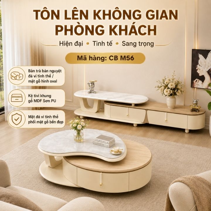 Cặp Bàn Trà Hình Bán Nguyệt Đá Vi Tinh Thể/Mặt Gỗ Hình Oval CB M56 Kèm Kệ Tivi - Ảnh 4