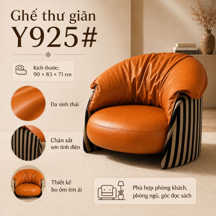 Ghế Thư Giãn Y925# Da Sinh Thái Cao Cấp, Thiết Kế Bo Ôm Êm Ái, Chân Sắt Sơn Tĩnh Điện