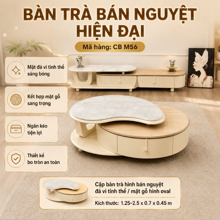 Cặp Bàn Trà Hình Bán Nguyệt Đá Vi Tinh Thể/Mặt Gỗ Hình Oval CB M56 Kèm Kệ Tivi - Ảnh 3