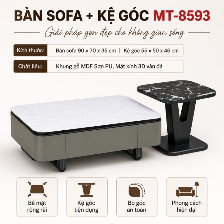 Bàn Sofa Phòng Khách MT-8593 Có Ngăn Chứa Tiện Lợi, Kèm Bàn Phụ Sang Trọng