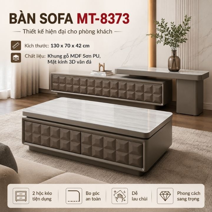Bàn Trà Phòng Khách Cao Cấp MT-8373 Mặt Kính 3D Vân Đá, Dễ Phối Nội Thất