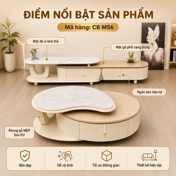 Cặp Bàn Trà Hình Bán Nguyệt Đá Vi Tinh Thể/Mặt Gỗ Hình Oval CB M56 Kèm Kệ Tivi - Ảnh 6