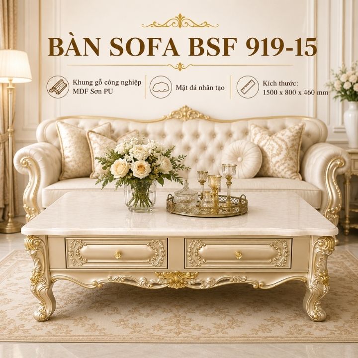 Bàn Trà Sofa Tân Cổ Điển BSF 919-15 Mặt Đá Nhân Tạo 4 Hộc Kéo Cao Cấp