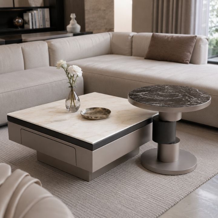Cặp Bàn Trà A386 Thiết Kế Hiện Đại, Mặt Kính In 3D Vân Đá Sang Trọng