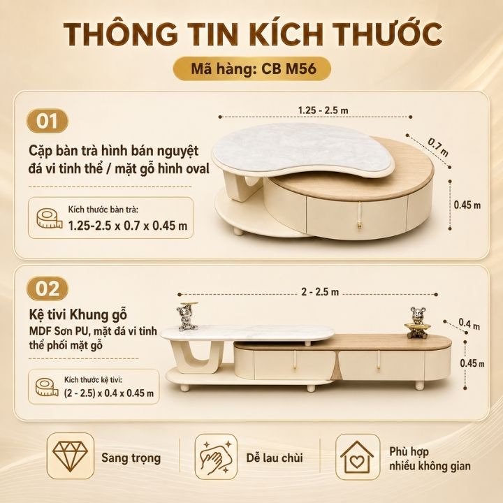 Cặp Bàn Trà Hình Bán Nguyệt Đá Vi Tinh Thể/Mặt Gỗ Hình Oval CB M56 Kèm Kệ Tivi - Ảnh 7