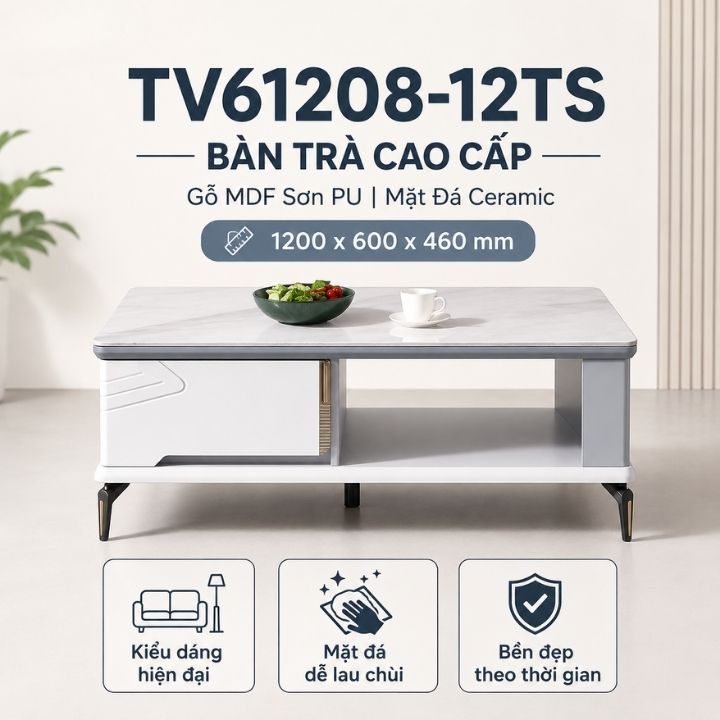 Bàn Trà Mặt Đá Ceramic TV61208-12TS Thiết Kế Tinh Tế Cho Phòng Khách